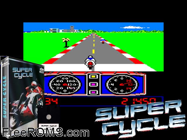 Super Cycle (UK) (1986) [a1] Amstrad CPC game showing 3D box cover and gameplay screenshot